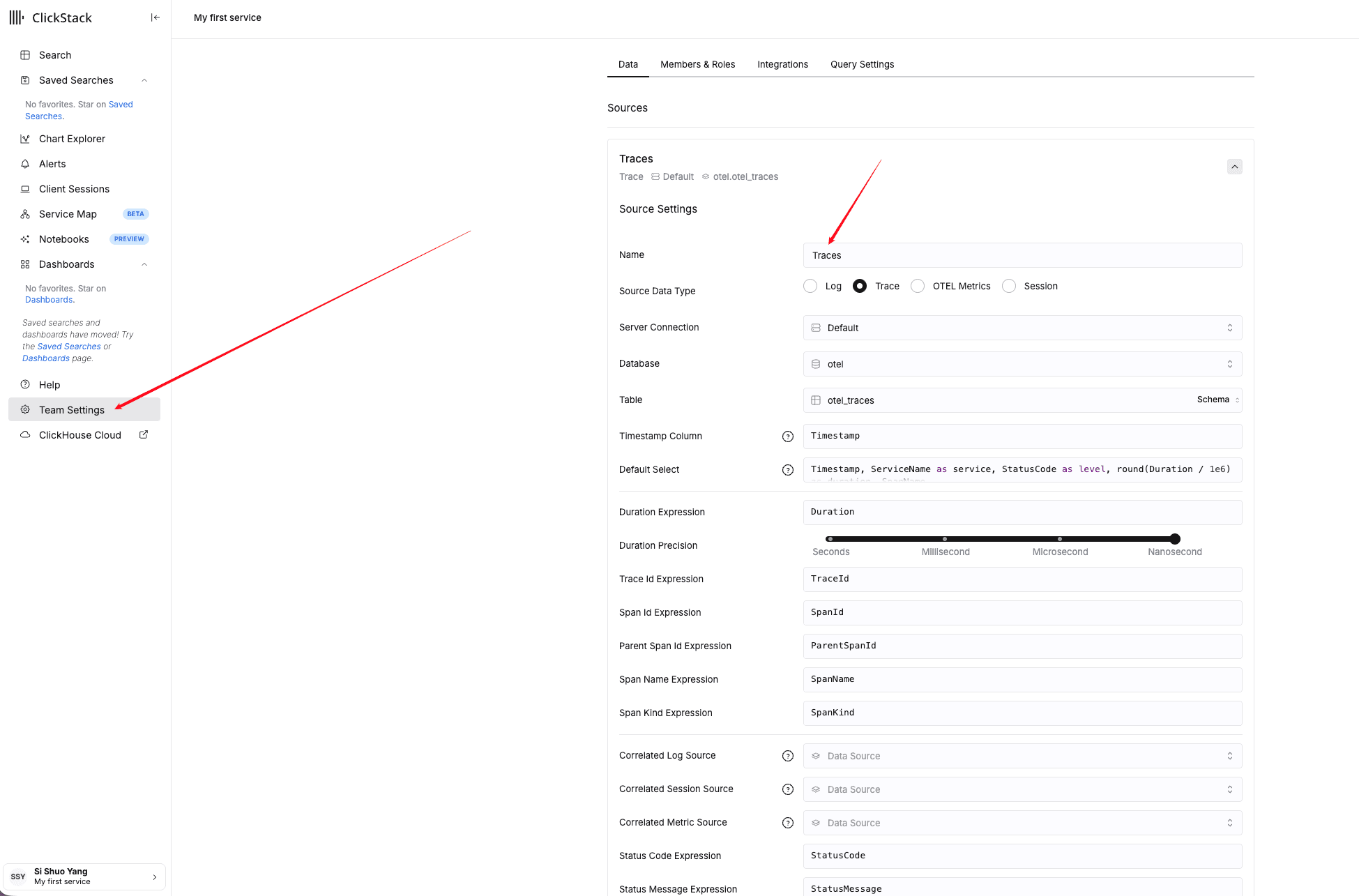 Traces source configuration in HyperDX Team Settings