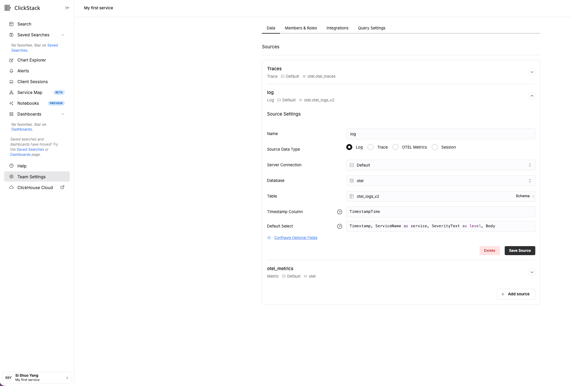 Log source configuration with otel_logs_v2 and TimestampTime