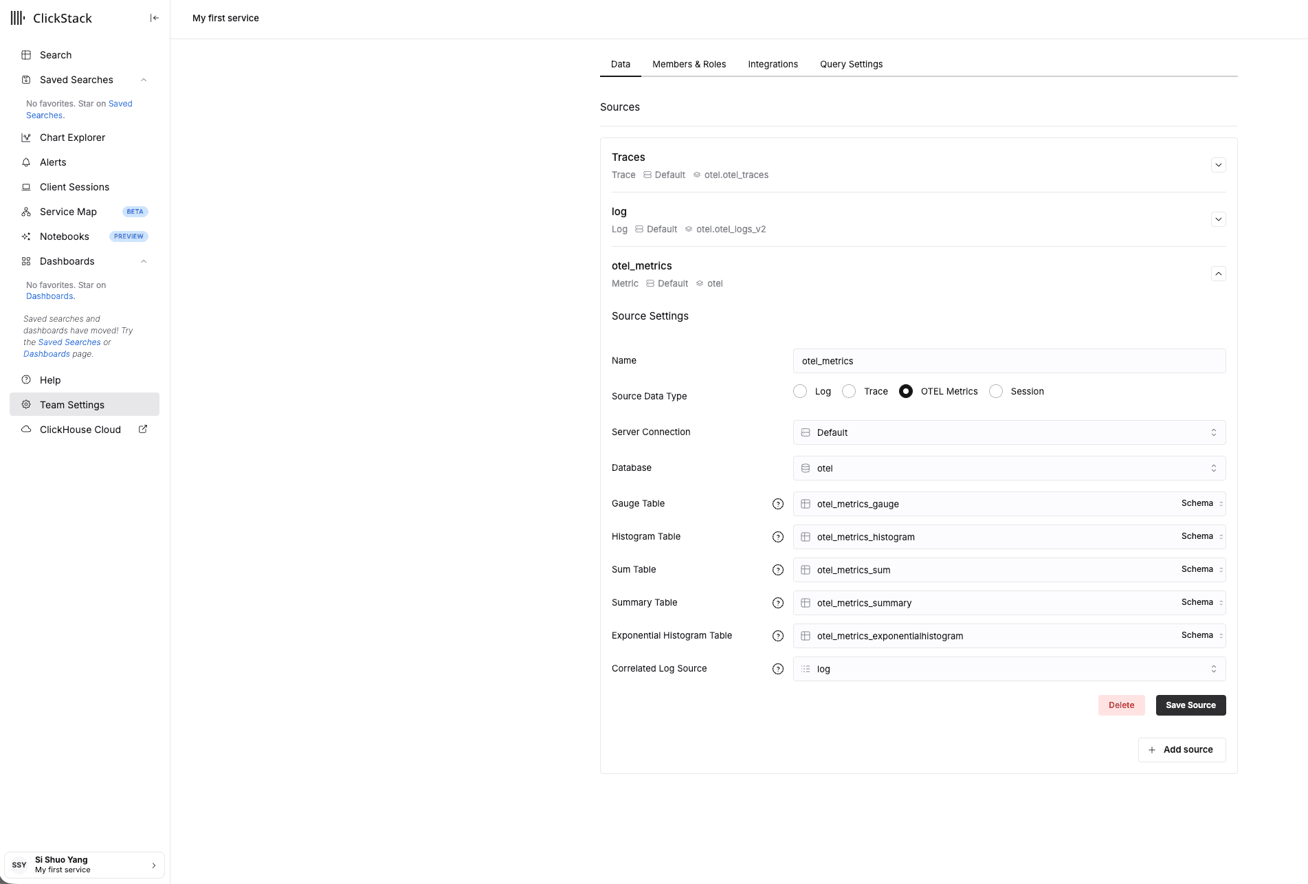 OTEL Metrics source spanning all five metric tables