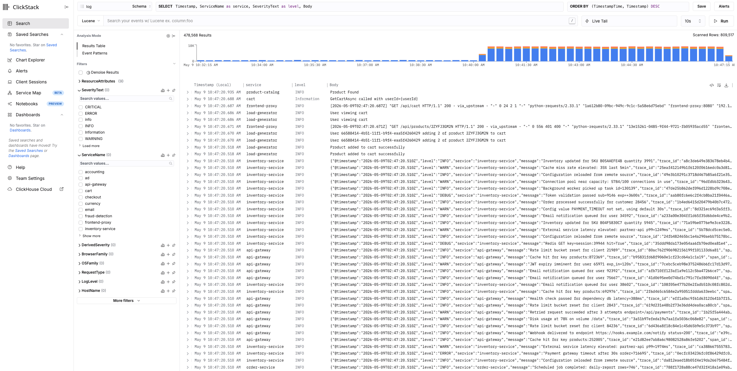 Live log stream with histogram, table, and faceted sidebar