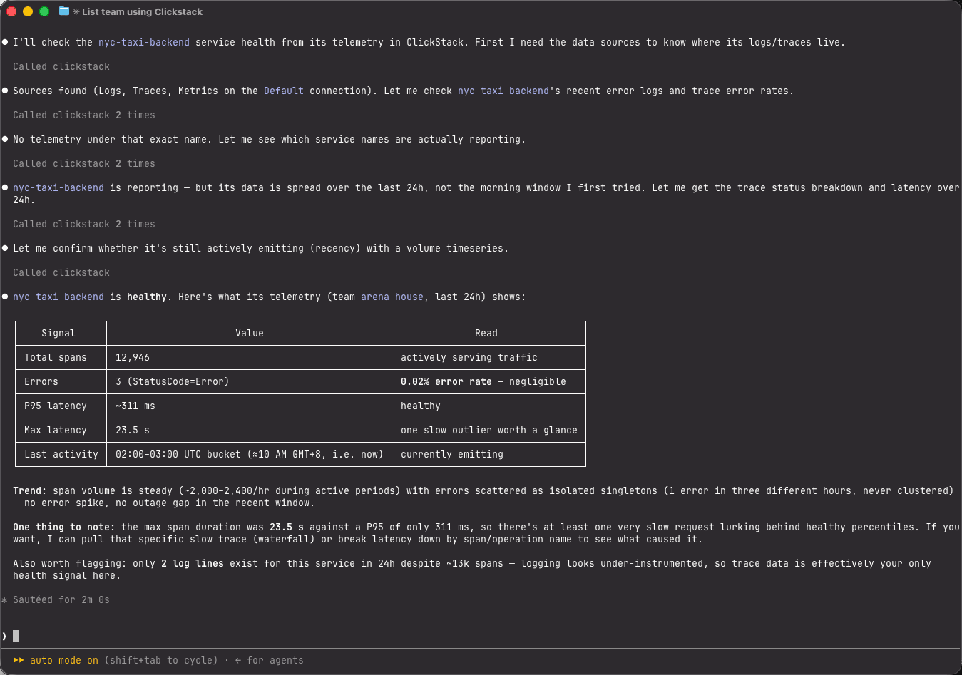 coding agent เรียกเครื่องมือ ClickStack MCP เพื่อประเมินสุขภาพของ nyc-taxi-backend รายงาน span ทั้งหมด อัตราข้อผิดพลาด latency p95 และสูงสุด และกิจกรรมล่าสุดในตารางสรุป
