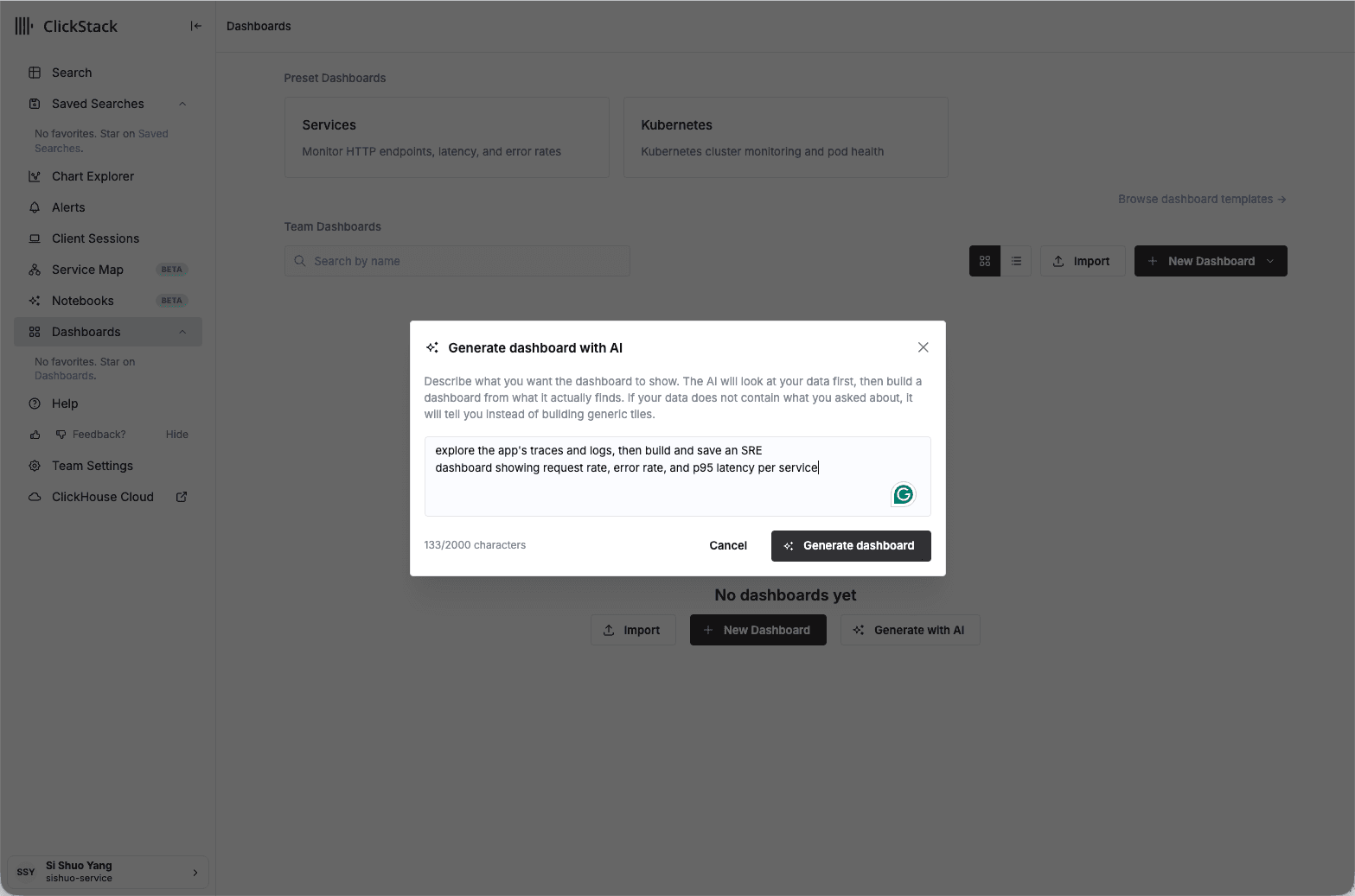 หน้า HyperDX Dashboards ที่เปิดโมดัล "Generate dashboard with AI" และพิมพ์ prompt ของแดชบอร์ด SRE ไว้