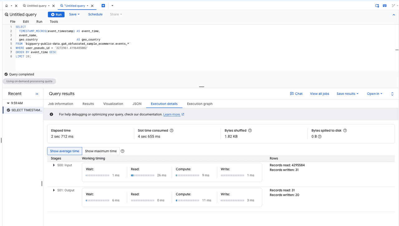 BigQuery console showing the single-user lookup query and its Execution details panel: 2 sec 712 ms elapsed, 4,295,584 records read in the input stage, 20 records written