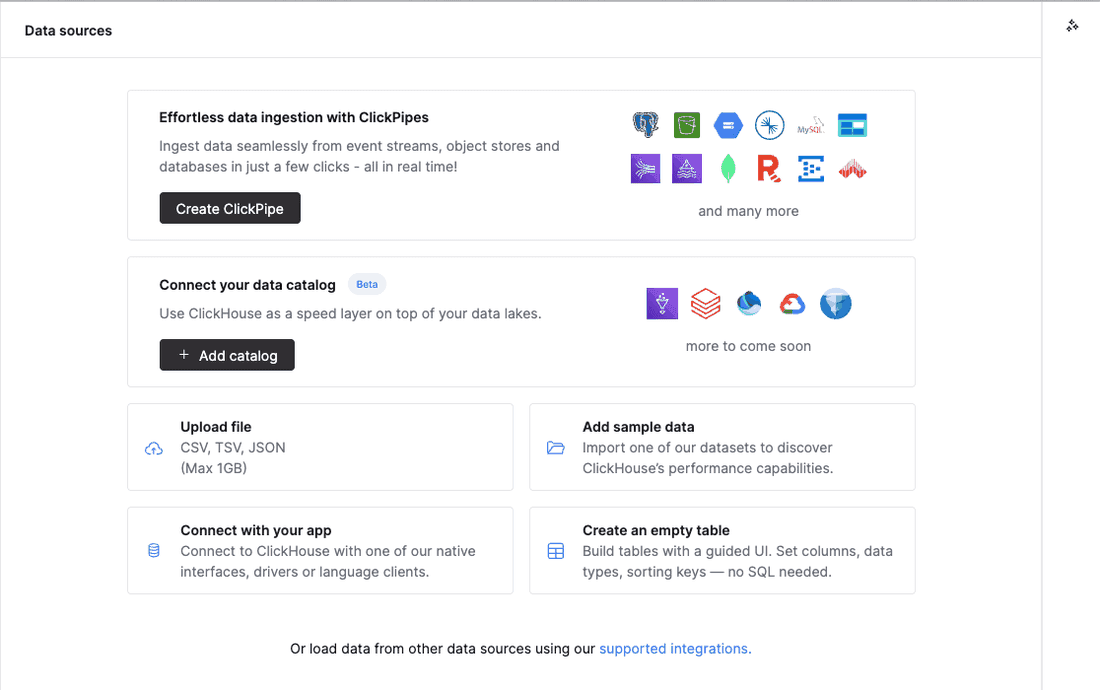 ClickHouse Cloud Data sources page, with the "Create ClickPipe" button under "Effortless data ingestion with ClickPipes"