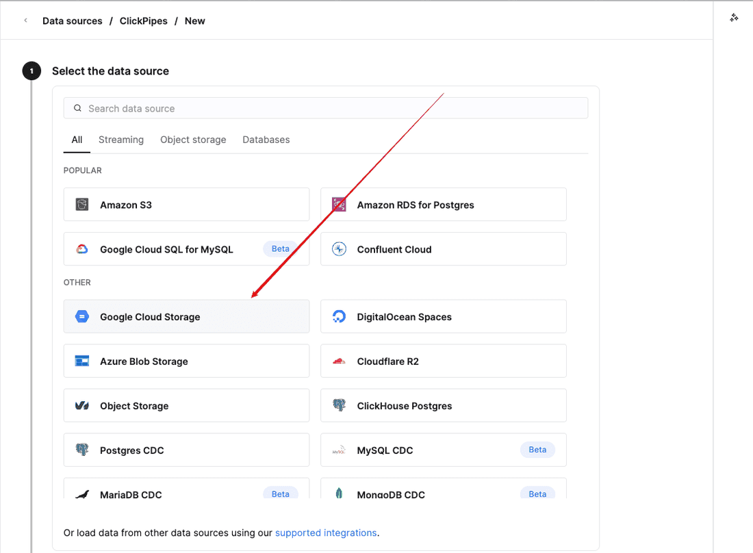 The "Select the data source" step of the ClickPipe wizard, with Google Cloud Storage highlighted among the object storage options