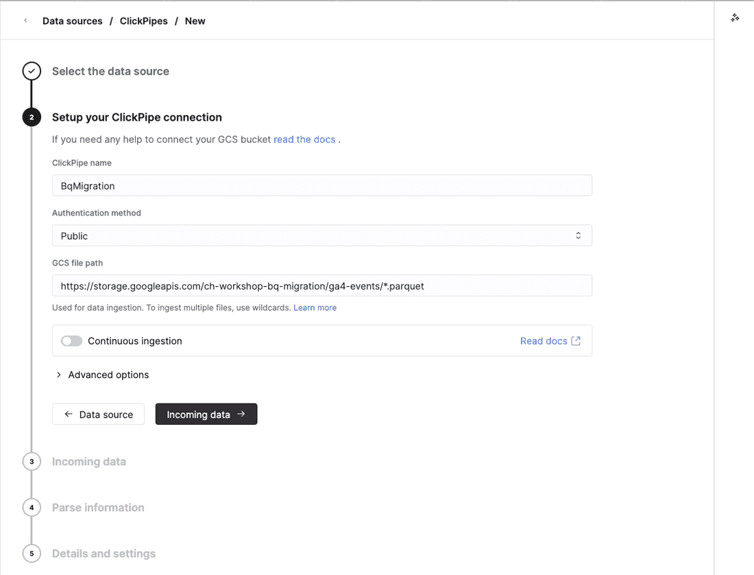 The "Setup your ClickPipe connection" step, with Authentication method set to Public and the GCS file path pasted in