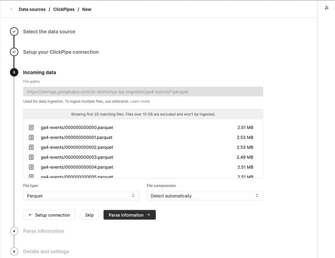 The "Incoming data" step, listing the matched Parquet objects in the bucket with File type set to Parquet
