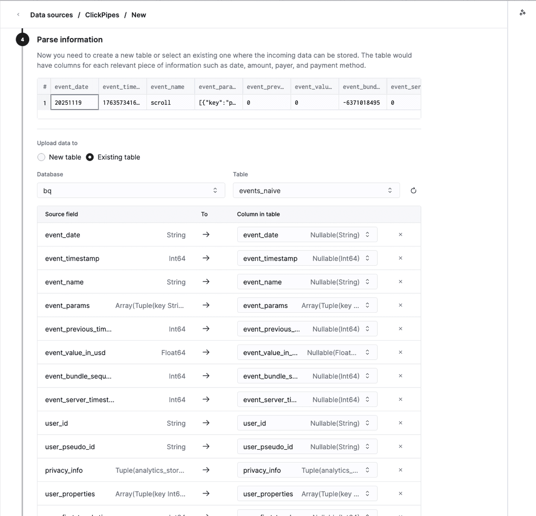 The "Parse information" step, with "Existing table" selected, database bq and table events_naive chosen, and every source column auto-mapped to its column in the table by name