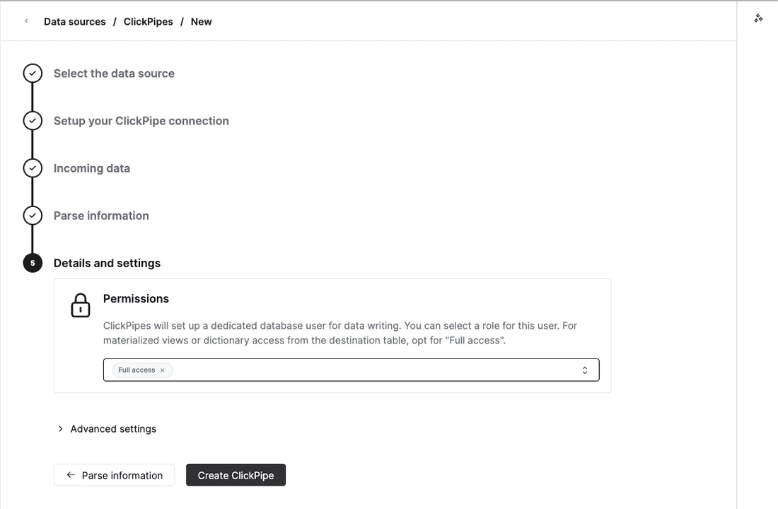 The "Details and settings" step, showing the Permissions panel set to Full access and the Create ClickPipe button