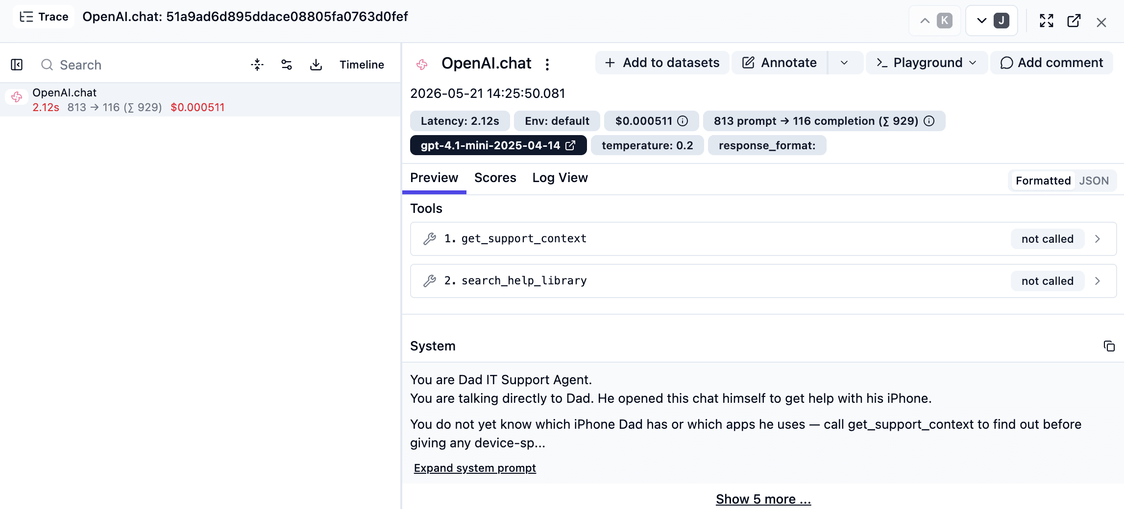 Langfuse Traces view after Step 1 — each chat turn appears as standalone openai-chat-completion generations.