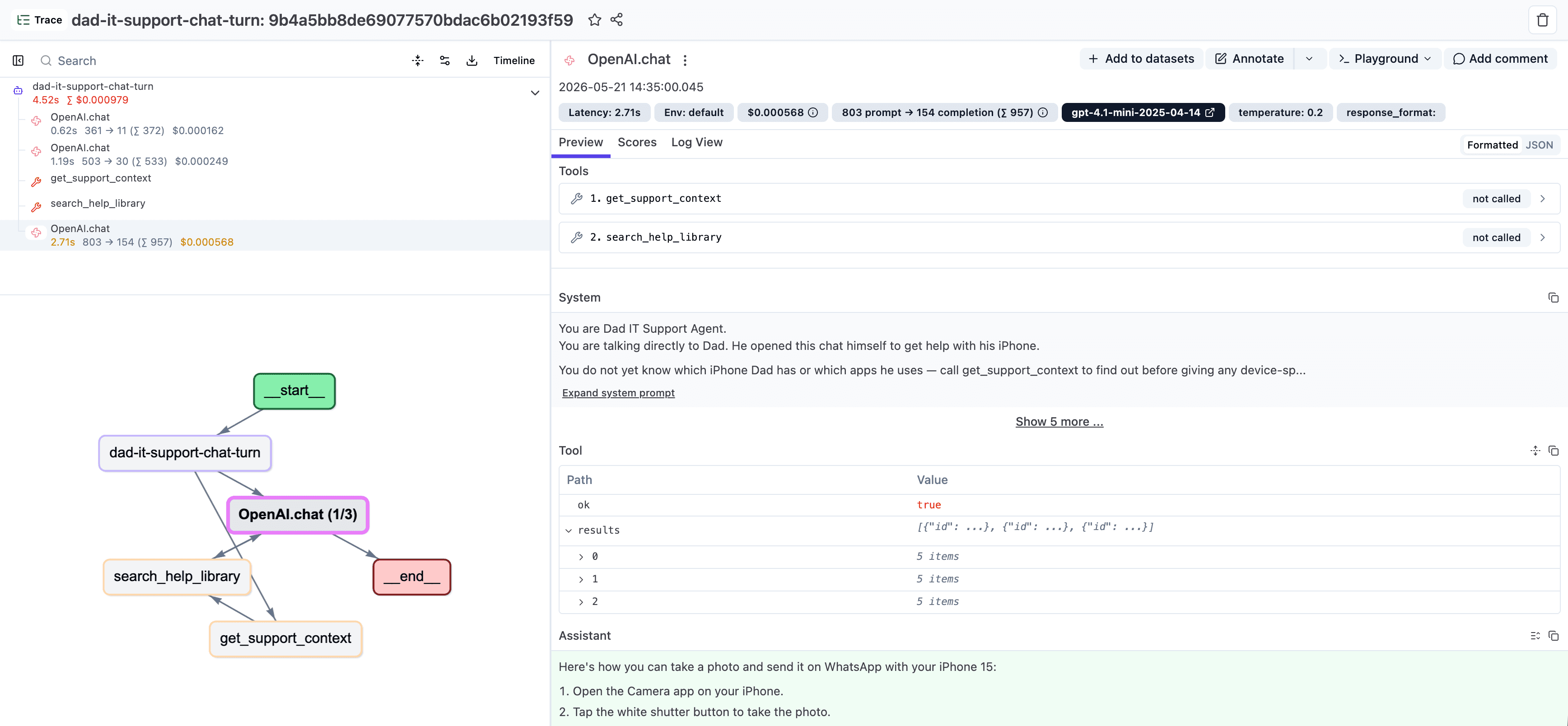 Full trace after Step 3 — dad-it-support-chat-turn (agent) with the OpenAI generation and get_support_context + search_help_library tool observations as siblings underneath.