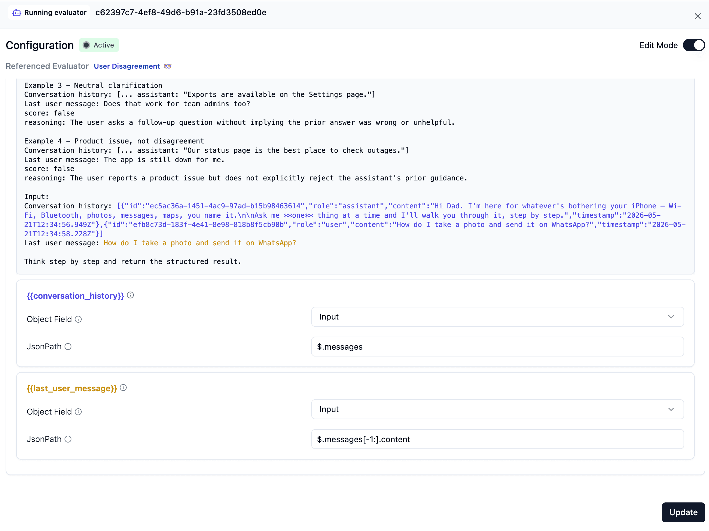 Variable mapping for the User Disagreement evaluator.